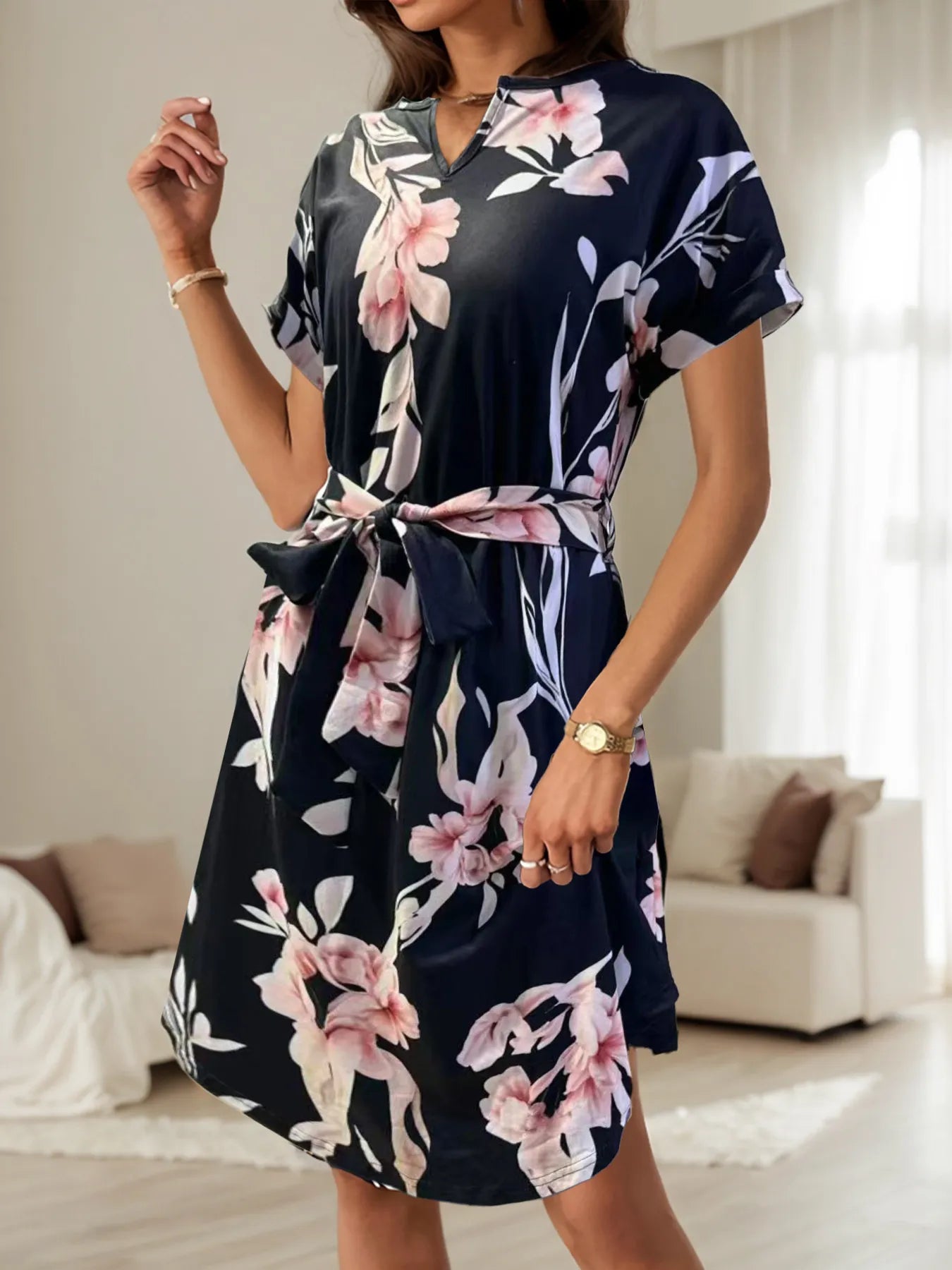 Abstract Print Belted Short Sleeve Midi Dress - adritiX