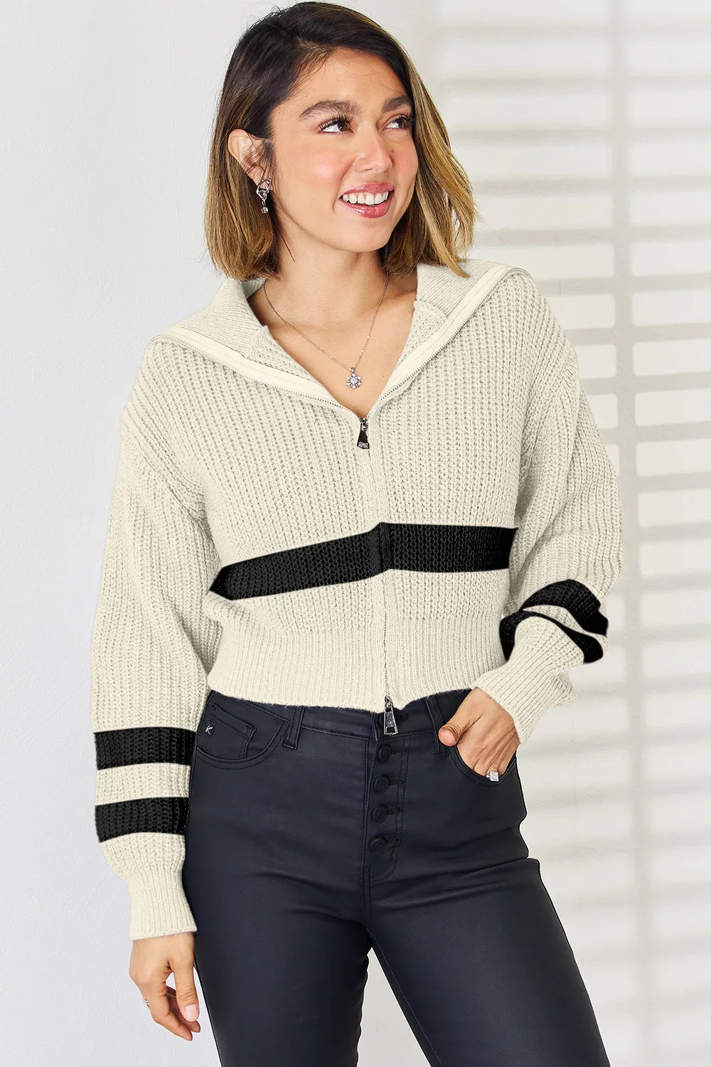 Striped Zip Up Dropped Shoulder Cardigan - adritiX