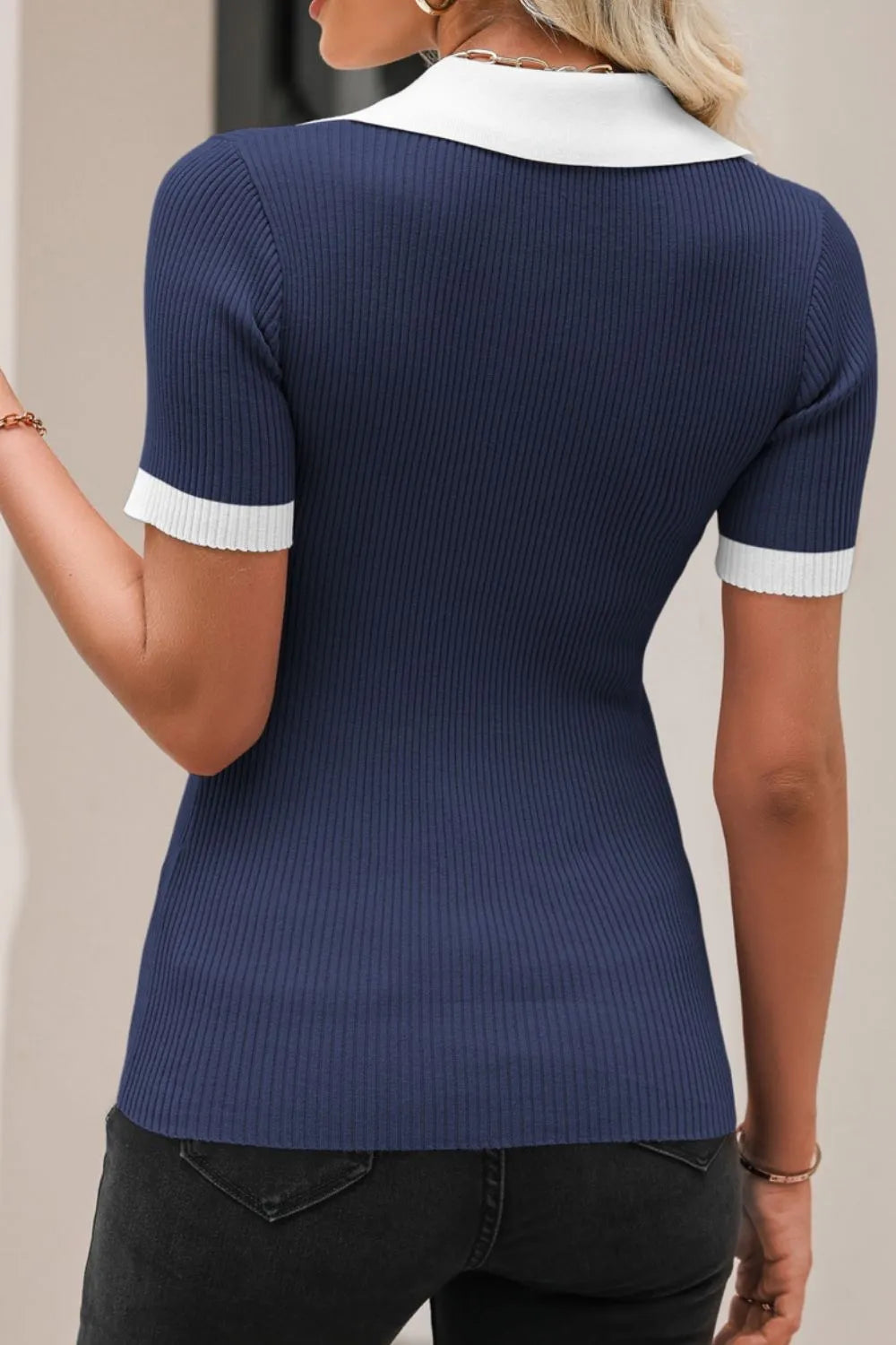 Contrast Collared Neck Ribbed Knit Top - adritiX