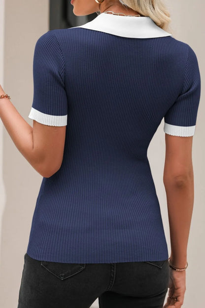 Contrast Collared Neck Ribbed Knit Top - adritiX