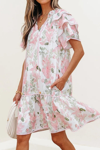 Floral Contrast Edge Layered Short Sleeve Mini Dress - adritiX