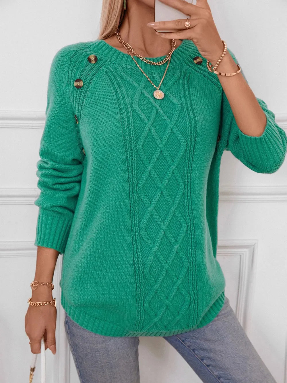 Decorative Button Round Neck Raglan Sleeve Sweater - adritiX