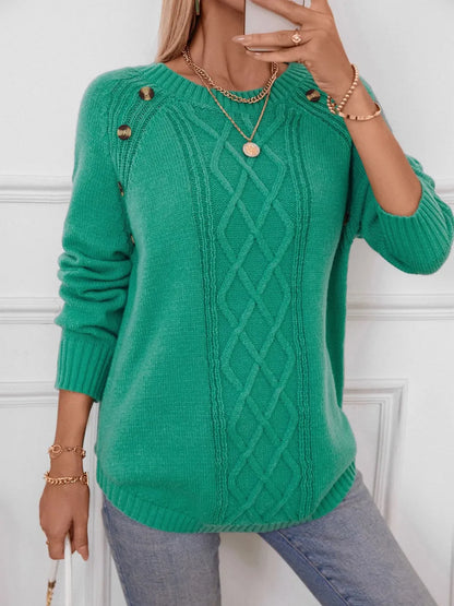 Decorative Button Round Neck Raglan Sleeve Sweater - adritiX
