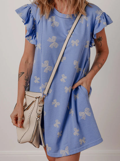 Bow Knot Print Crewneck Ruffled Sleeve Shift Mini Dress - adritiX