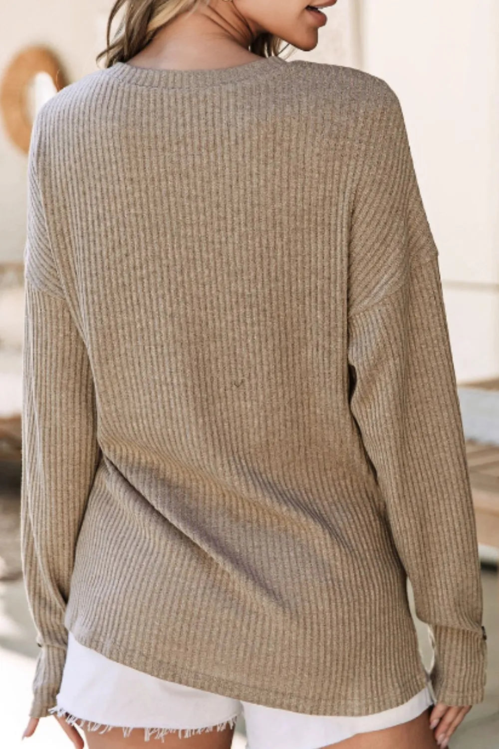 Quarter Button Round Neck Dropped Shoulder Knit Top - adritiX