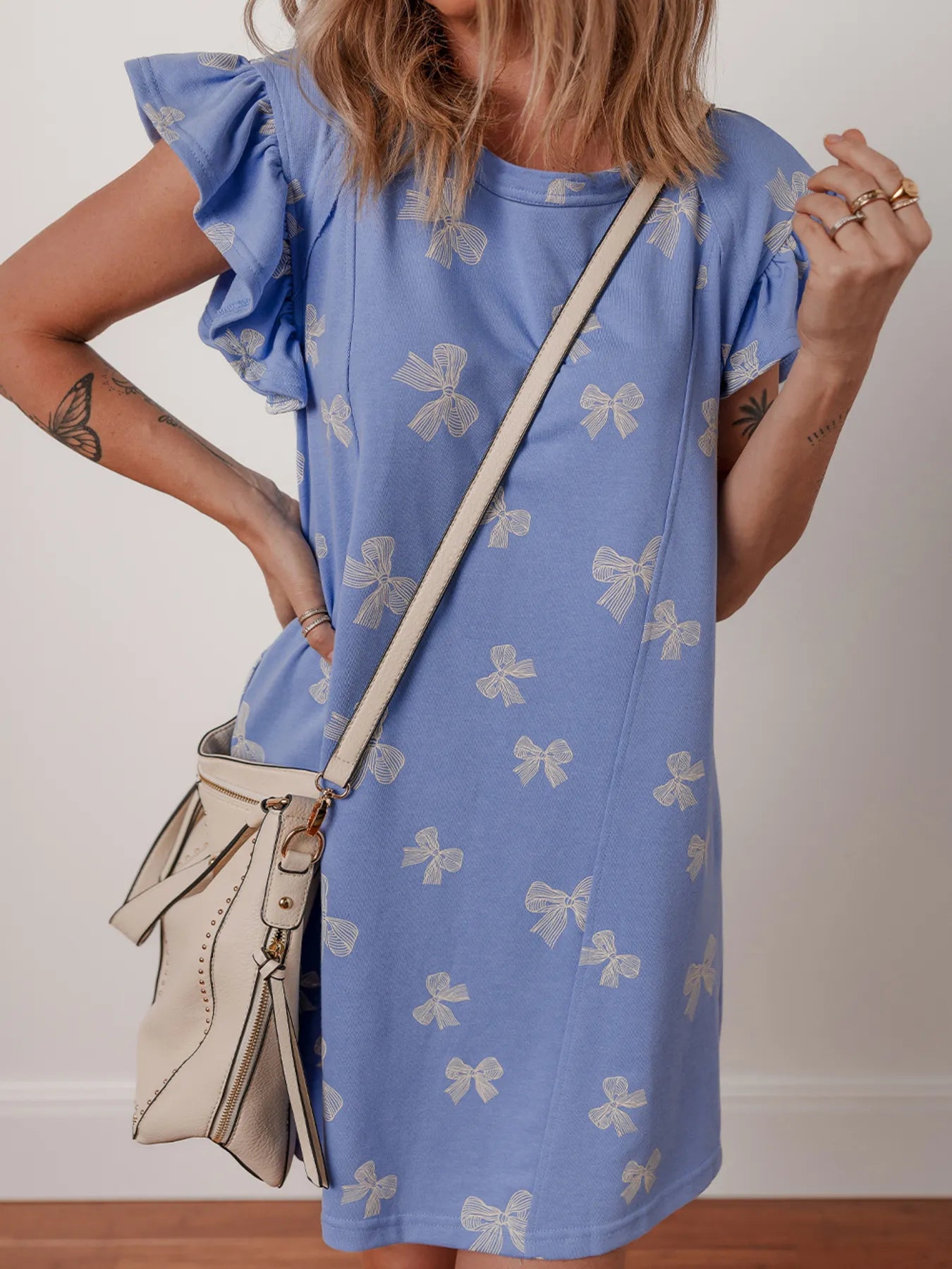 Bow Knot Print Crewneck Ruffled Sleeve Shift Mini Dress - adritiX