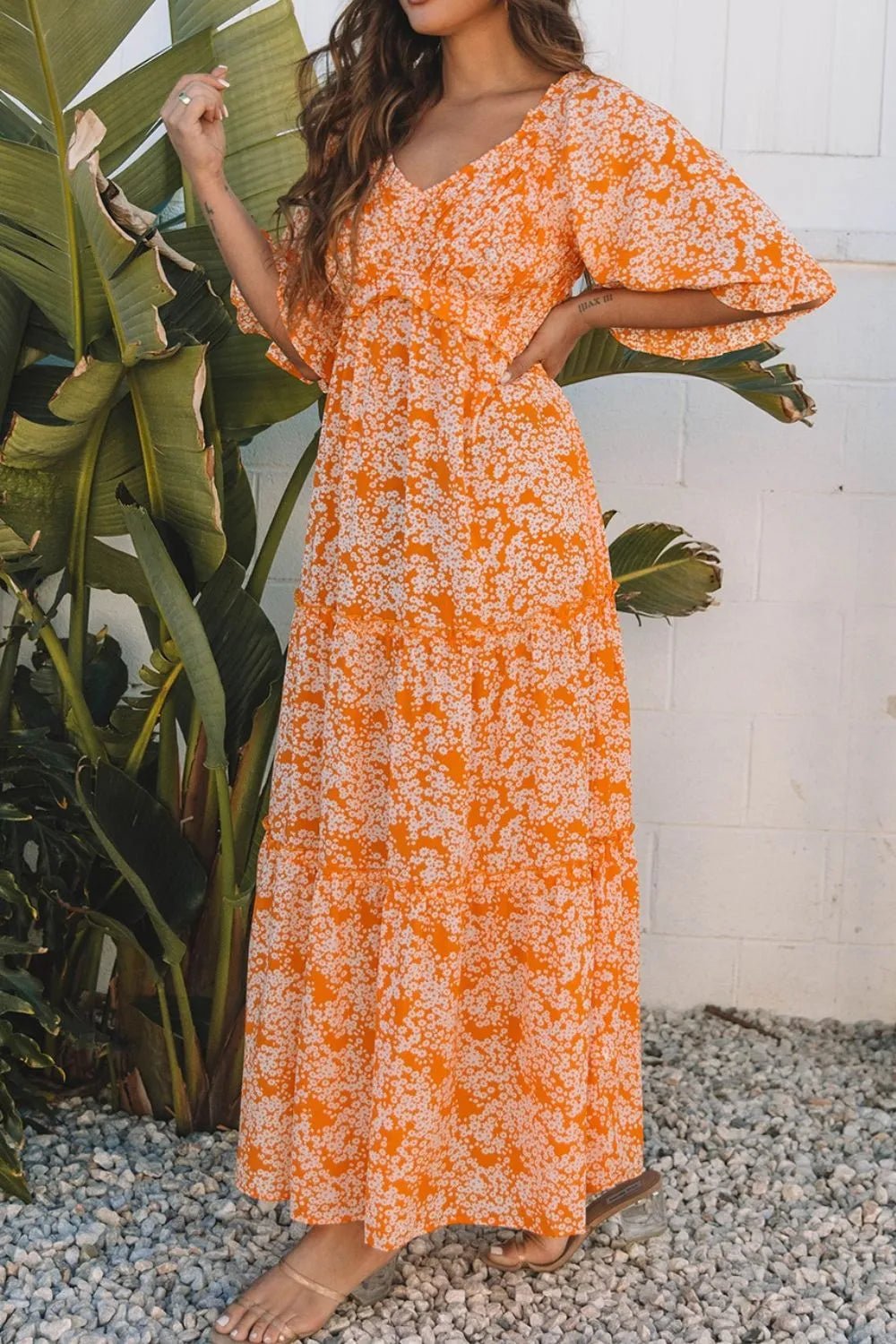 Floral Print Smocked V Neck Wide Sleeve Maxi Dress - adritiX