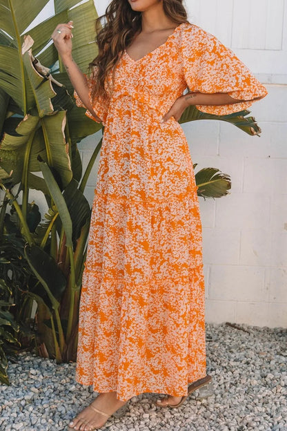 Floral Print Smocked V Neck Wide Sleeve Maxi Dress - adritiX