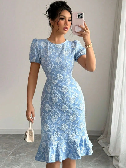 Ruffled Hem Flower Round Neck Short Sleeve Dress - adritiX