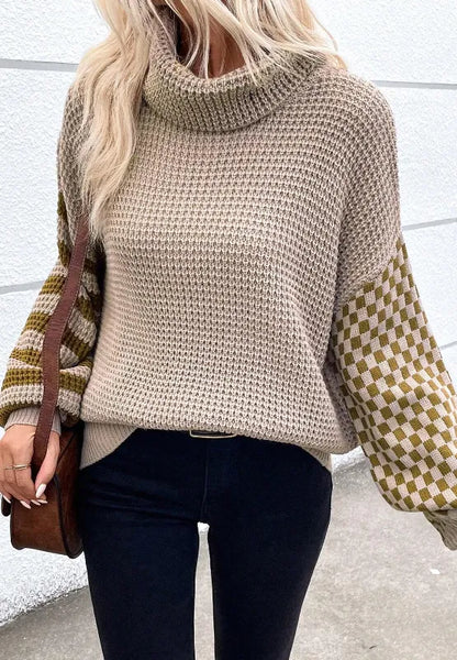 Striped & Checkered Turtleneck Dropped Shoulder Sweater - adritiX