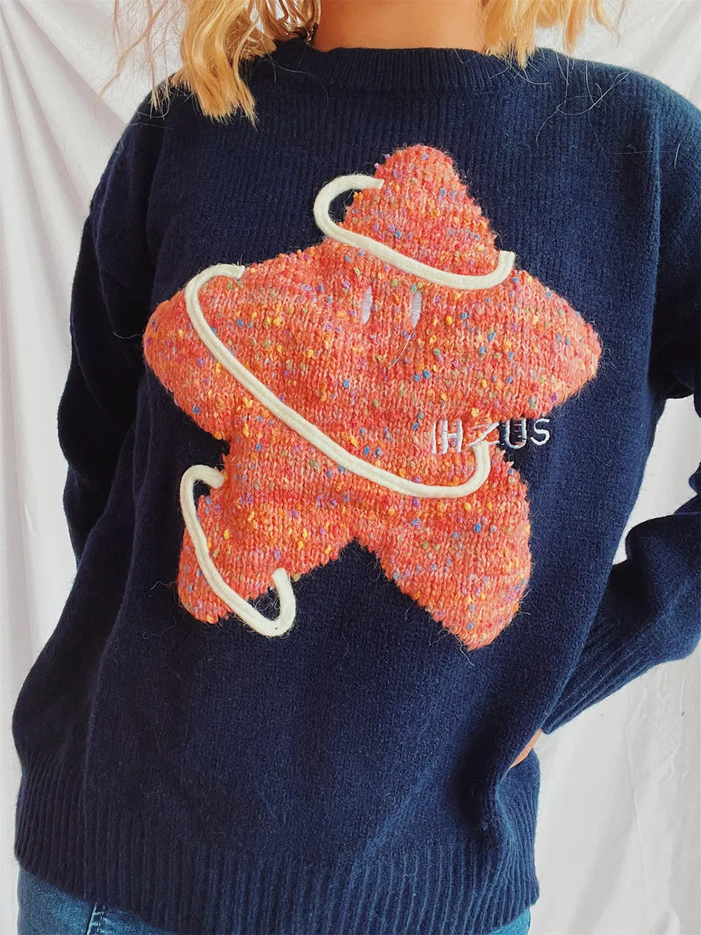 Contrast Star Round Neck Long Sleeve Sweater - adritiX
