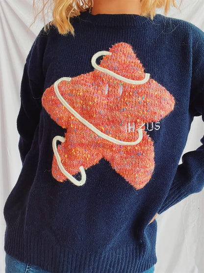 Contrast Star Round Neck Long Sleeve Sweater - adritiX