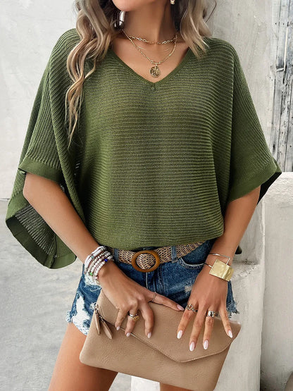 Devine V-Neck Batwing Sleeve Knit Top - adritiX