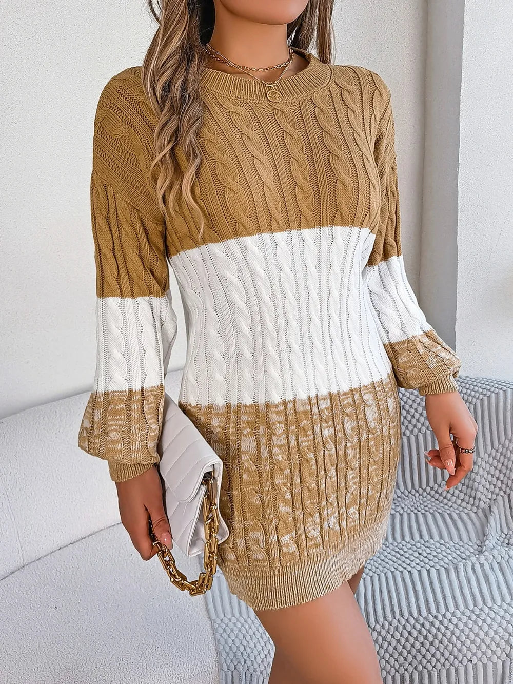 Cable-Knit Round Neck Color Block Sweater Dress - adritiX