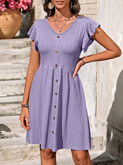 V-Neck Ruffled Cap Sleeve Dress - adritiX