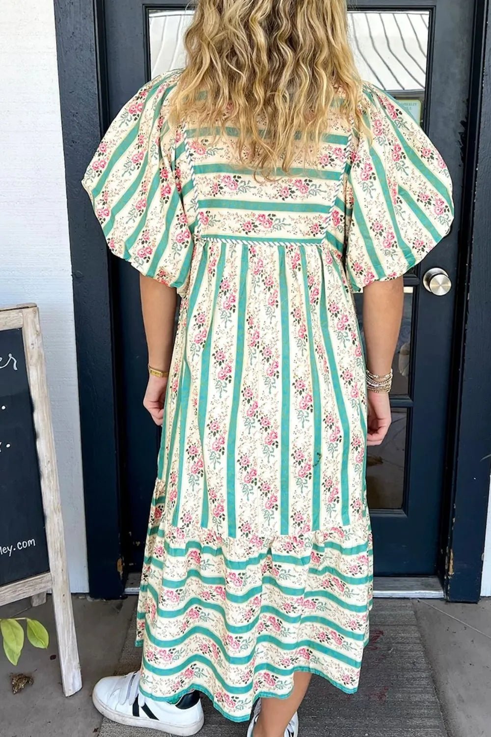 Striped Floral Print Tie Neck Puff Sleeve Midi Dress - adritiX