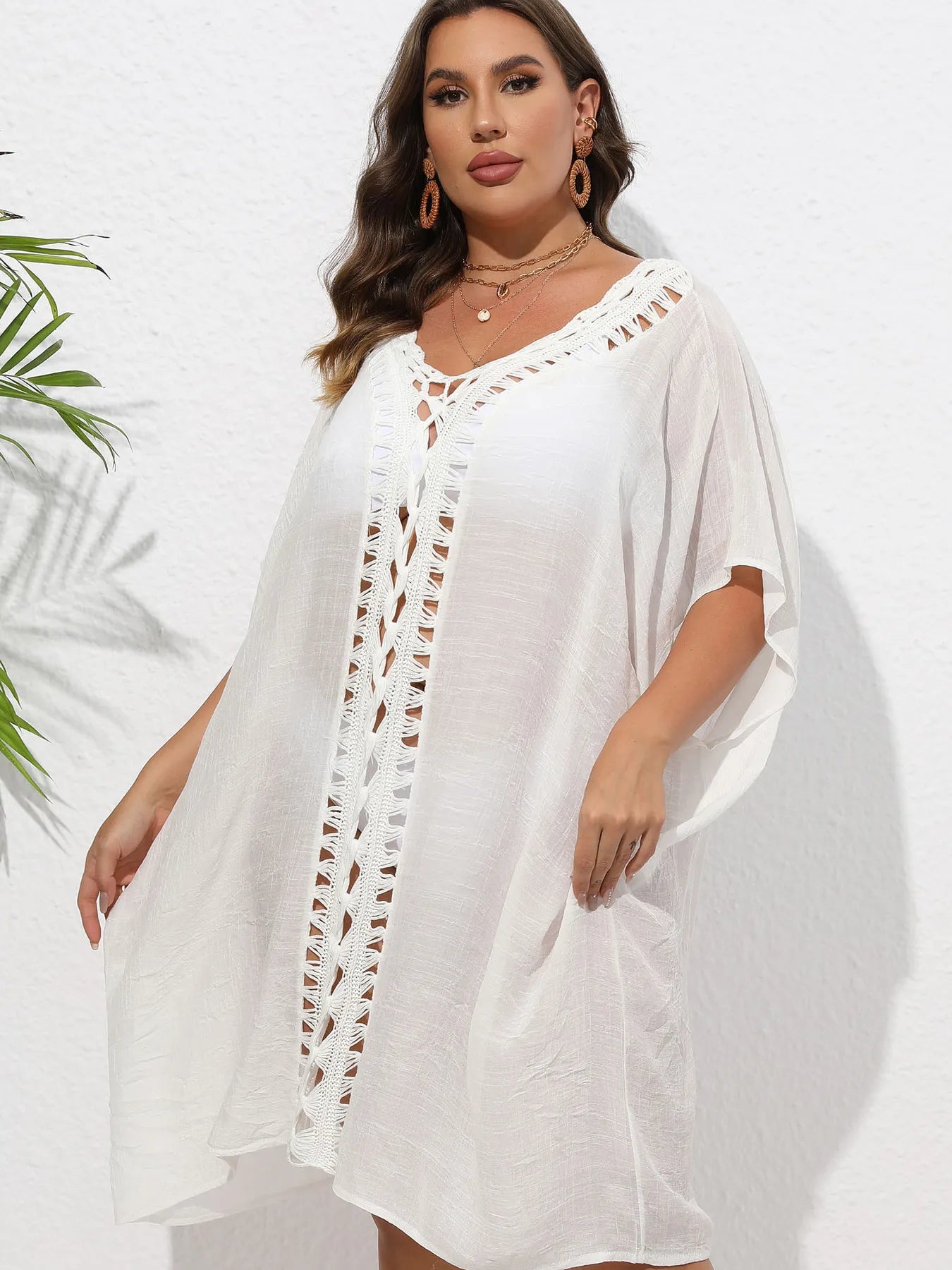 Crochet Trim V-Neck Beach Cover Up Dress - adritiX