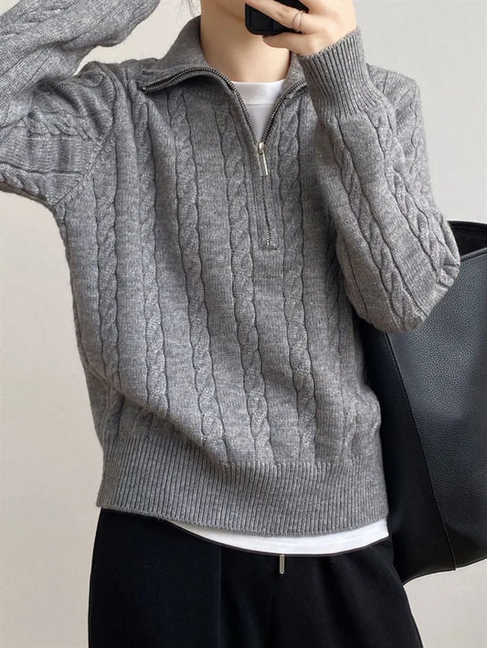 Cable-Knit Half Zip Long Sleeve Sweater - adritiX