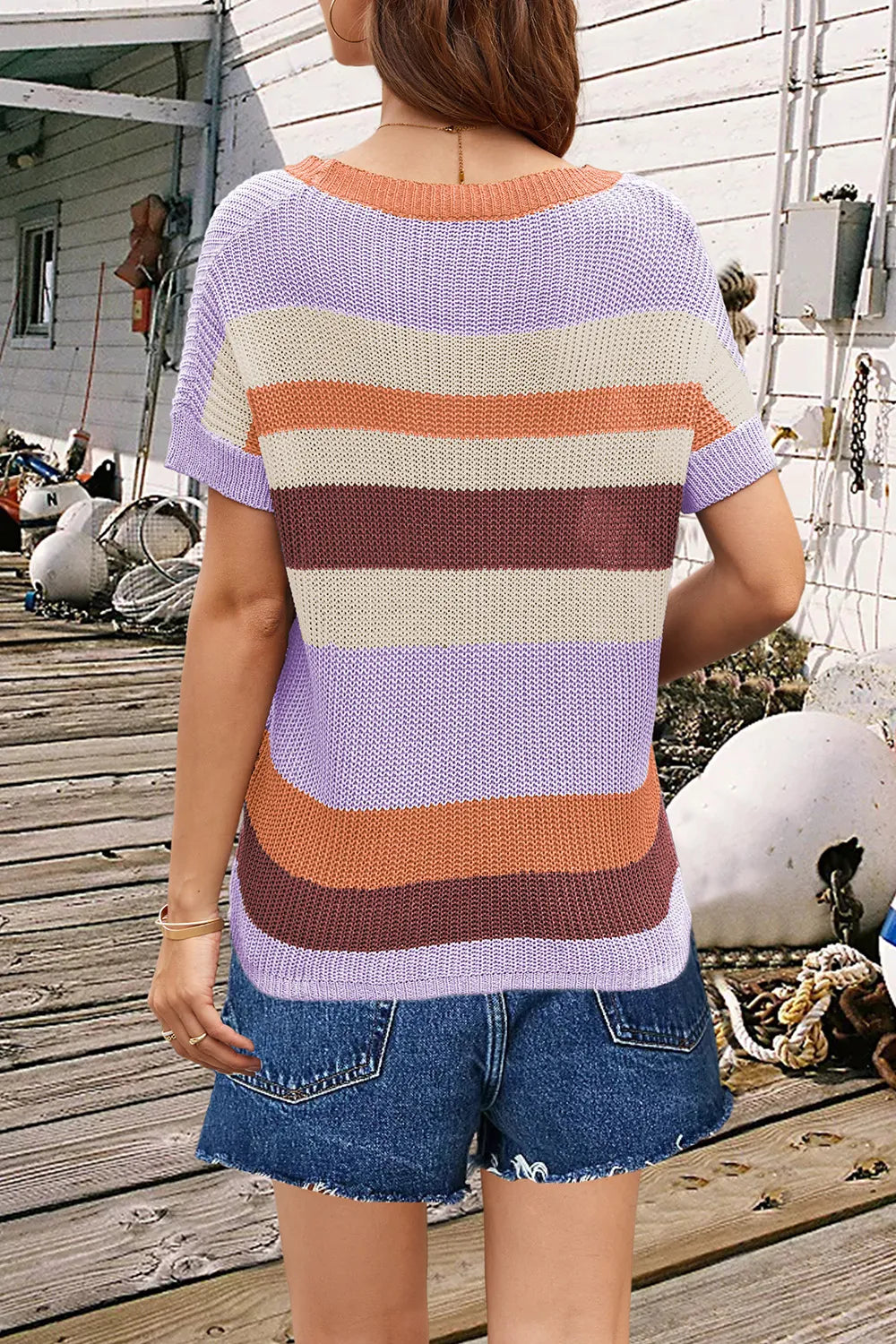 Striped Round Neck Short Sleeve Knit Top - adritiX