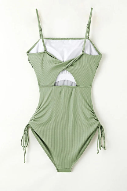 Ribbed Drawstring Sides Cutout One Piece Swimsuit - adritiX