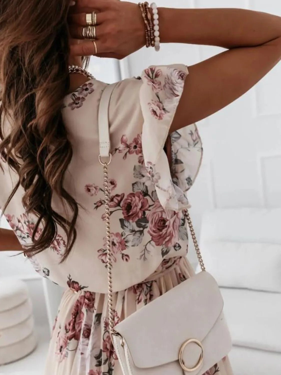 Floral Surplice Ruffled Cap Sleeve Dress - adritiX