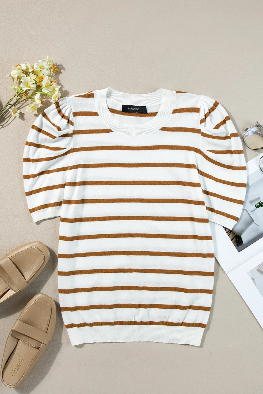 Striped Round Neck Puff Sleeve Knit Top - adritiX
