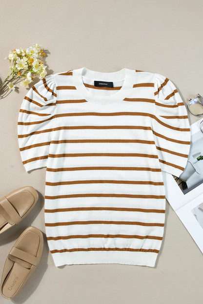 Striped Round Neck Puff Sleeve Knit Top - adritiX