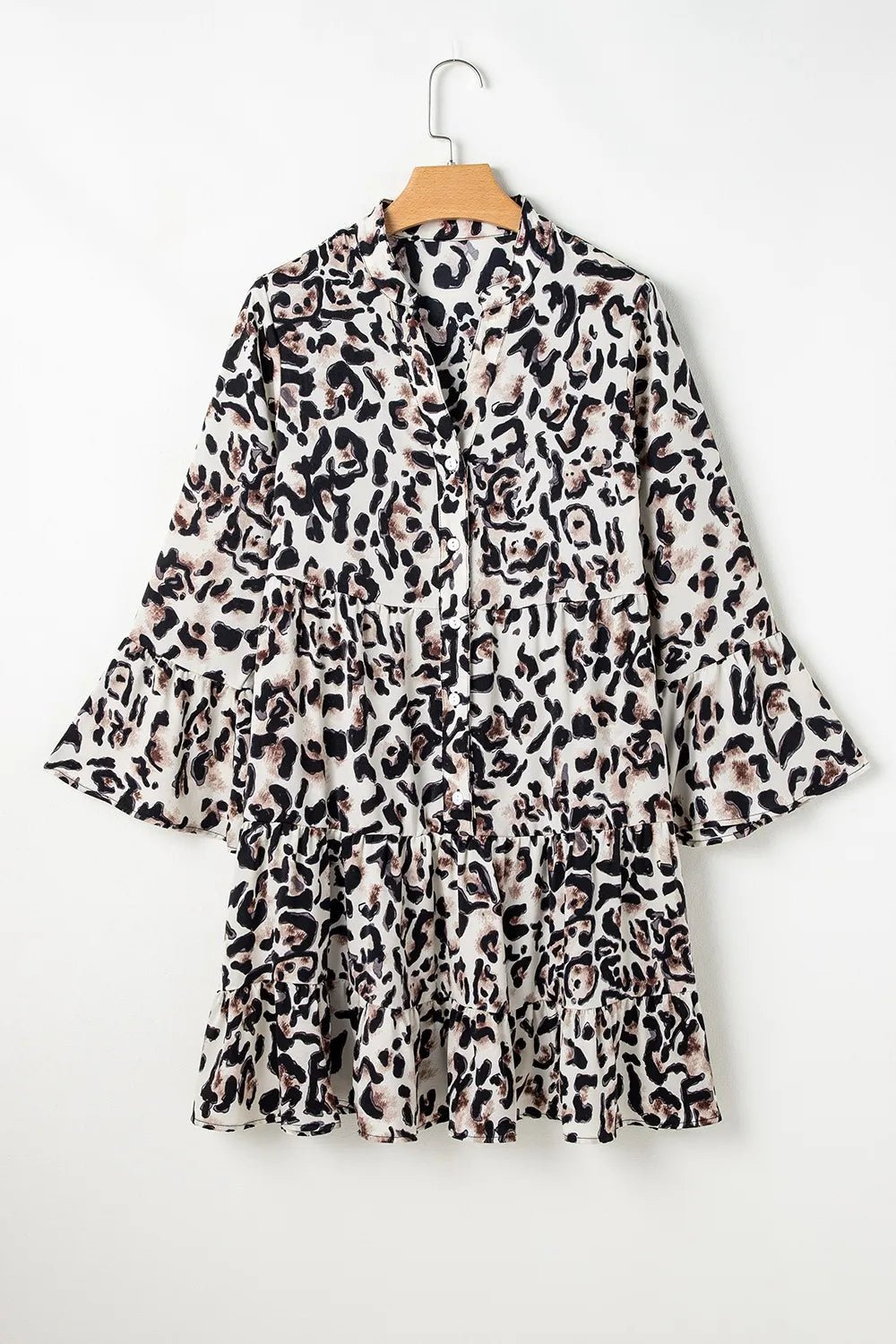 Leopard Print Buttoned Front 3/4 Sleeve Tiered Ruffled Hem Dress - adritiX
