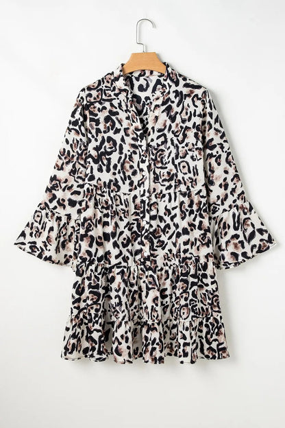 Leopard Print Buttoned Front 3/4 Sleeve Tiered Ruffled Hem Dress - adritiX