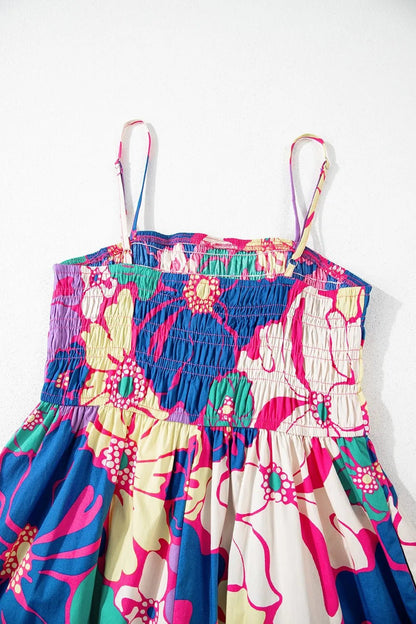 Floral Print Shirred Spaghetti Strap Loose Maxi Dress - adritiX