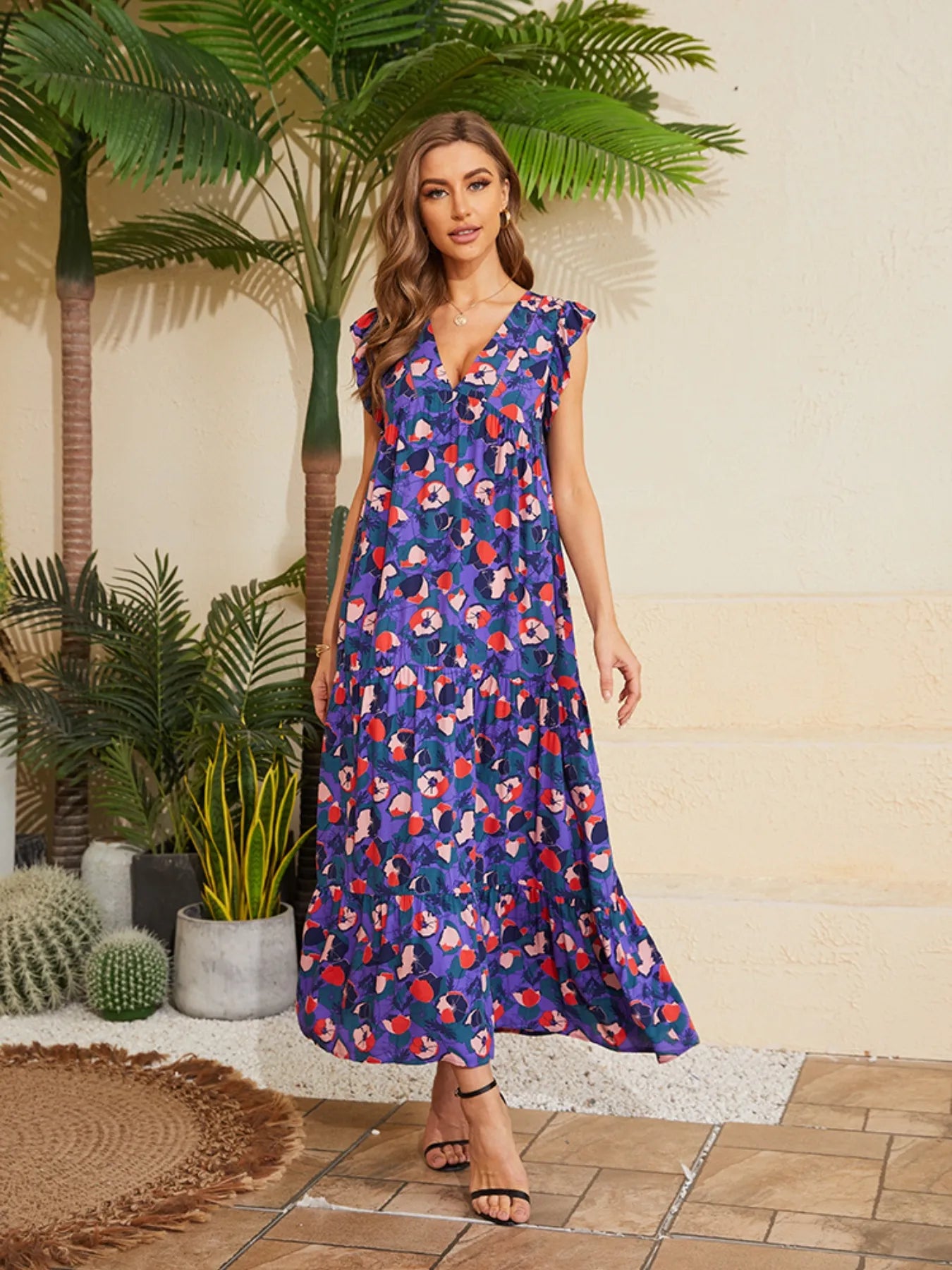 Floral V-Neck Cap Sleeve Summer Dress - adritiX