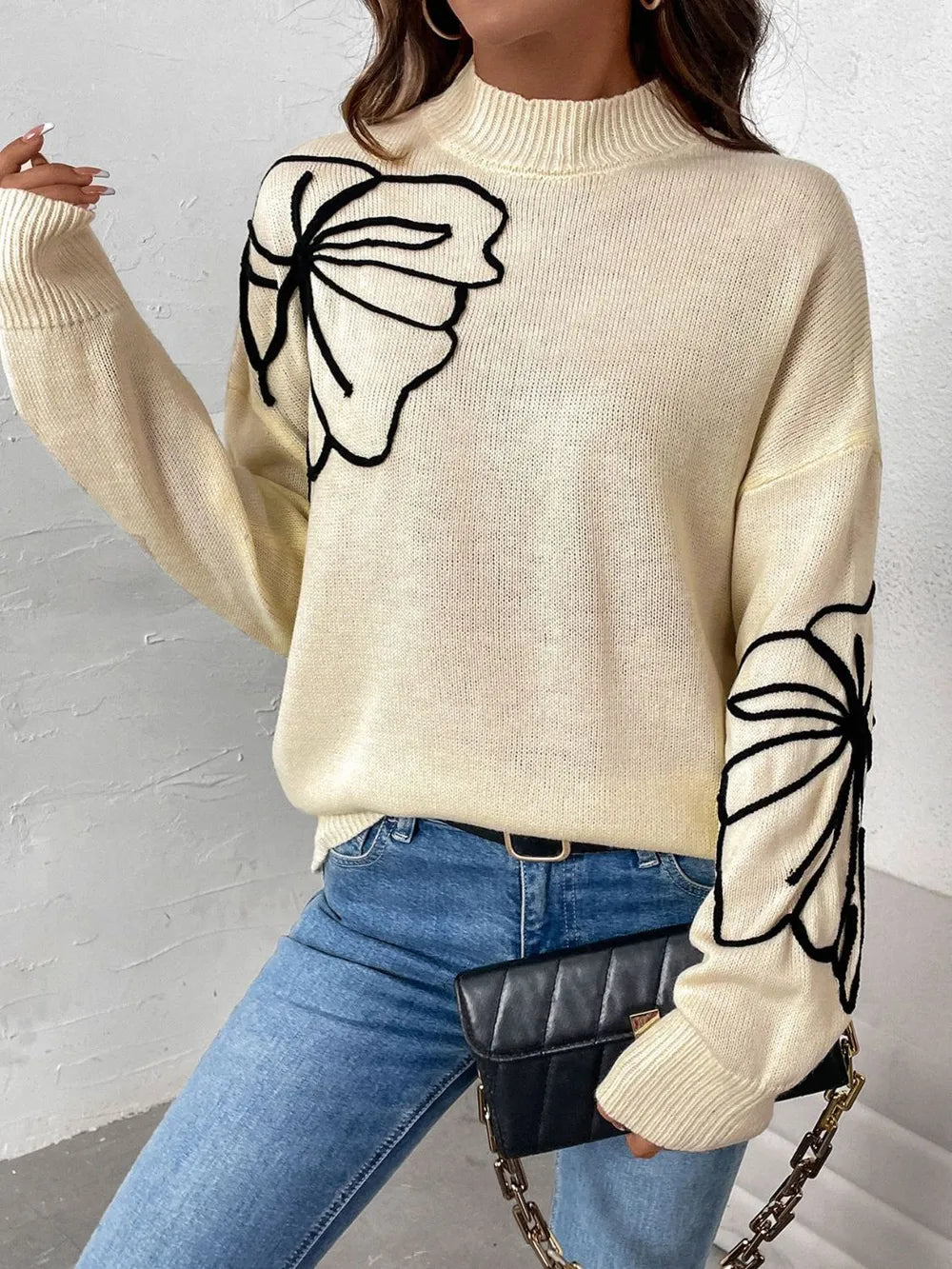 Perfee Mock Neck Dropped Shoulder Long Sleeve Sweater - adritiX