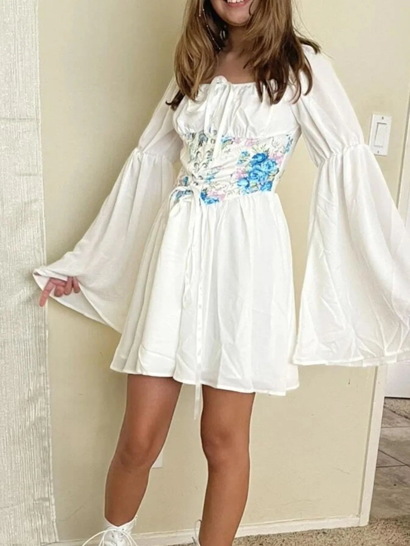 Floral Lace Up Long Sleeve Mini Dress - adritiX