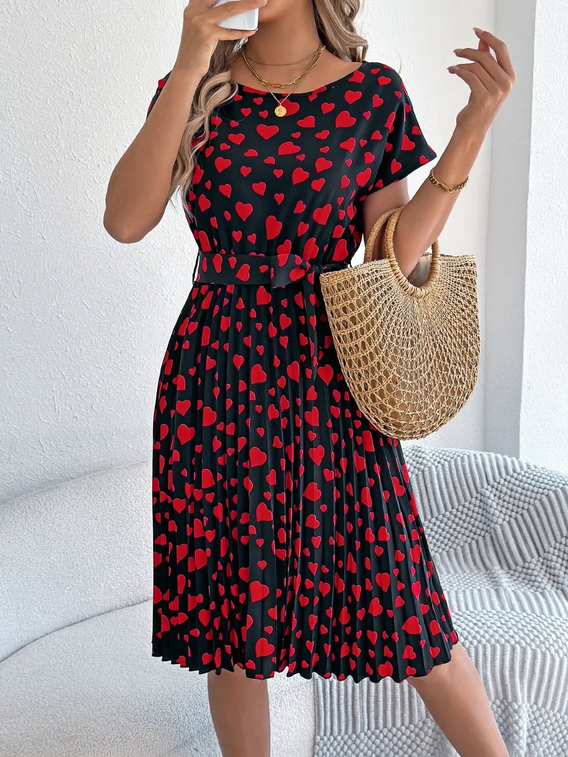 Heart Print Short Sleeve Tie Waist Dress - adritiX