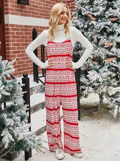Elegant Shiny Christmas Color Contrast Wide-Legged Jumpsuit - adritiX