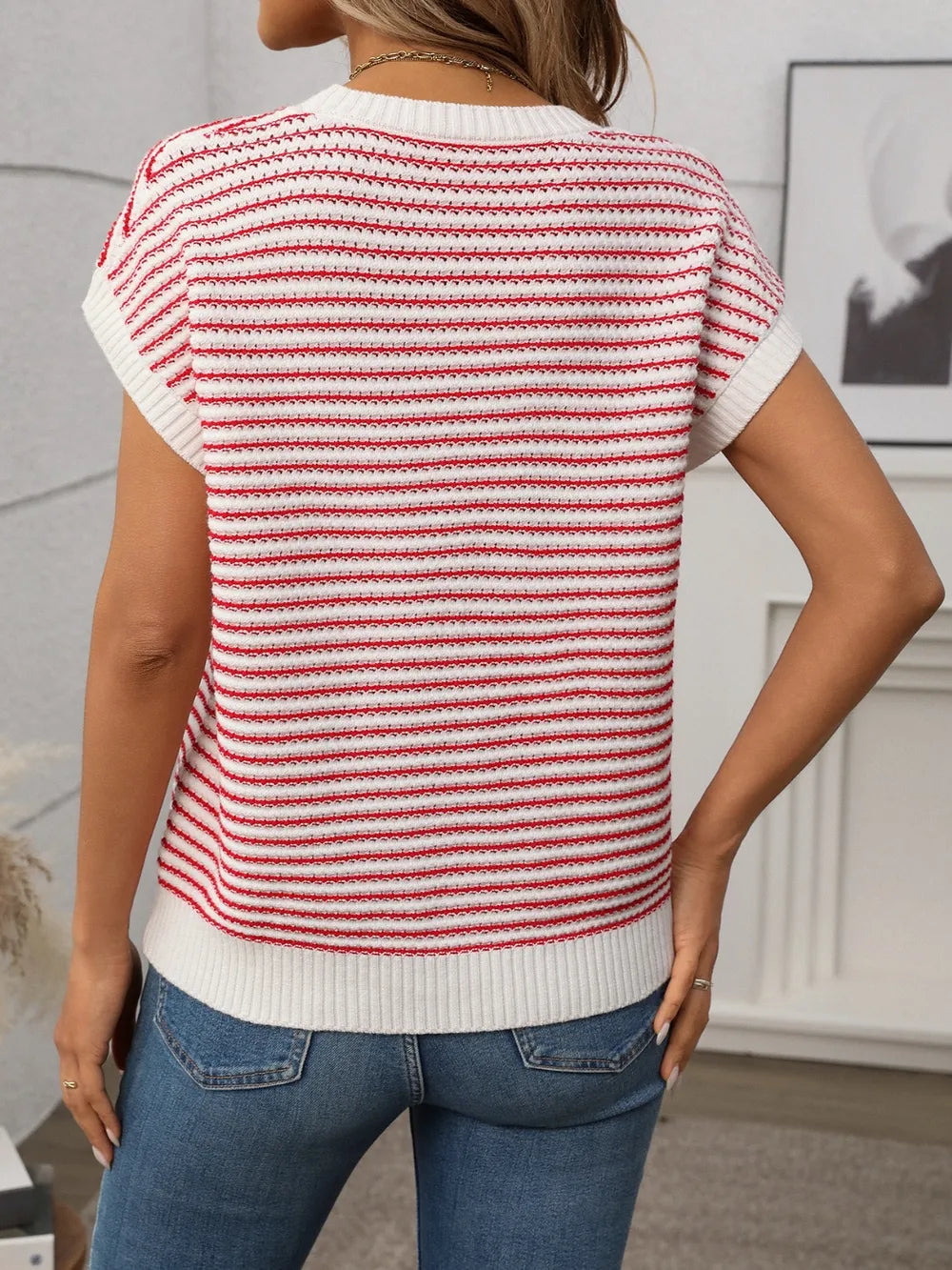 Striped Round Neck Short Sleeve Knit Top - adritiX