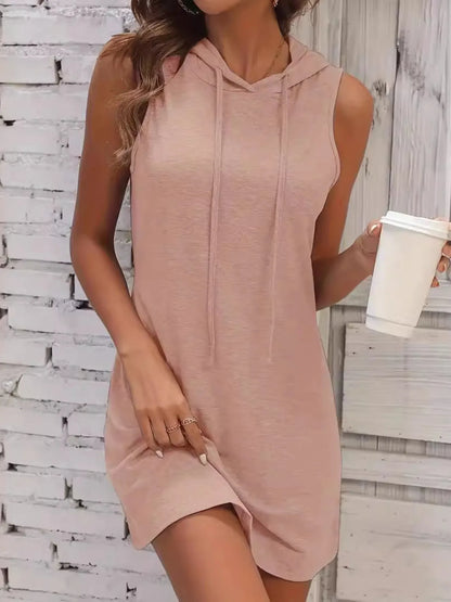 Full Size Drawstring Casual Sleeveless Hooded Mini Dress Plus Size - adritiX