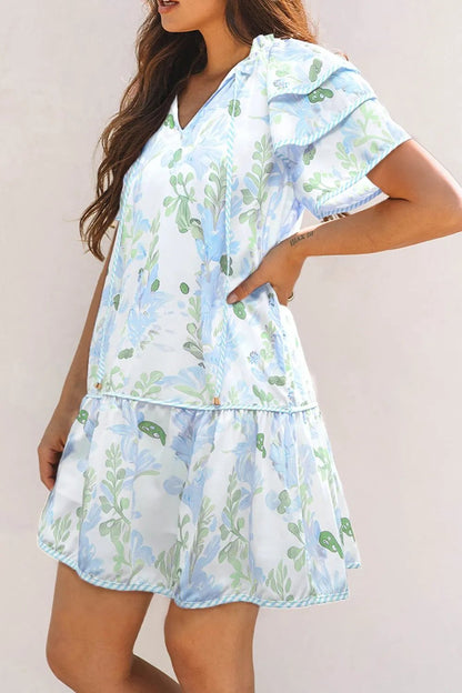 Floral Contrast Edge Layered Short Sleeve Mini Dress - adritiX