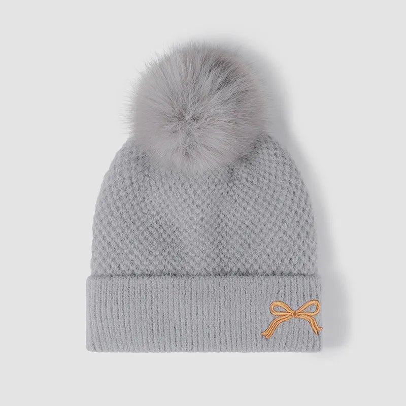 Thermal Bow Knit Hat with Pompom - adritiX