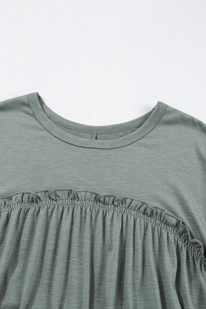Frilled Gathered Seam Round Neck T Shirt Dress - adritiX