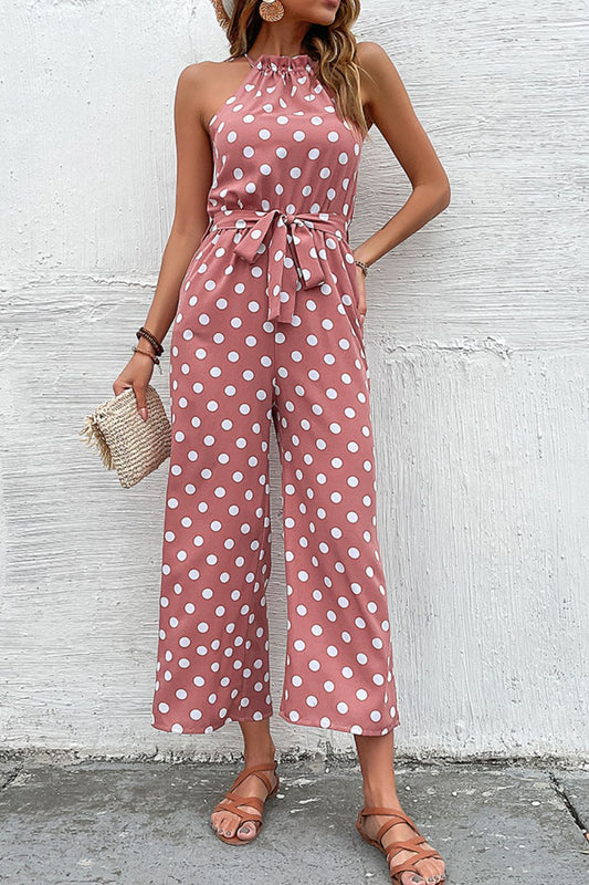 Elegant Perfee Polka Dot Grecian Wide Leg Jumpsuit - adritiX