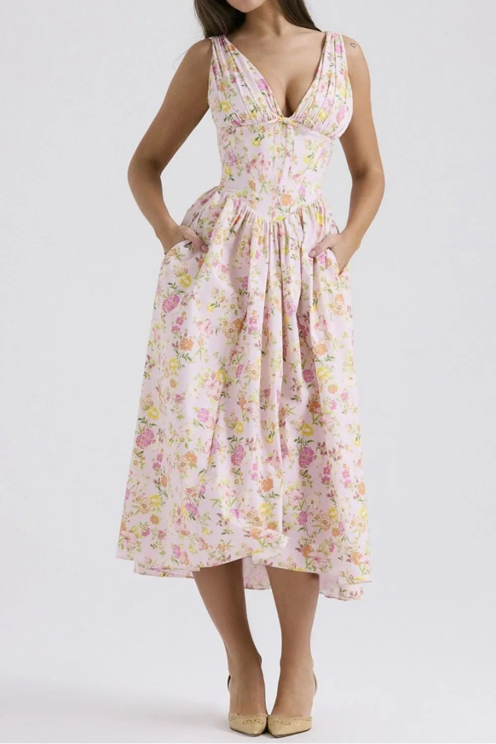 Floral V-Neck Sleeveless Midi Dress with Pockets - adritiX