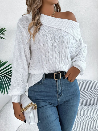 Cable-Knit One Shoulder Long Sleeve Sweater - adritiX
