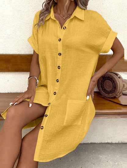 Casual Button Down Cotton Shirt Dress with Pockets - adritiX