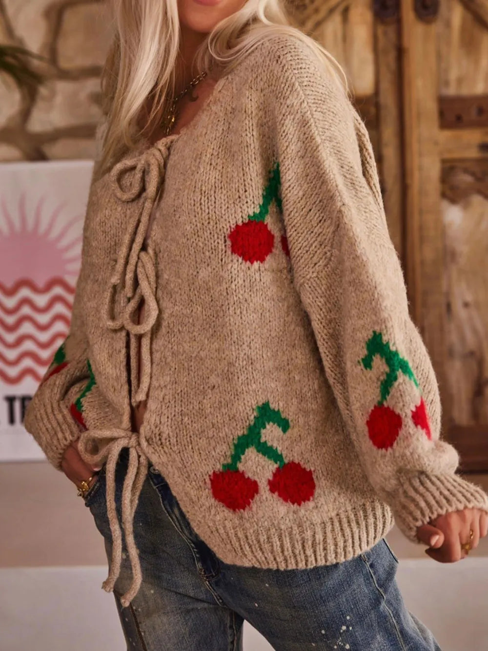Tied Cherry Round Neck Long Sleeve Cardigan - adritiX