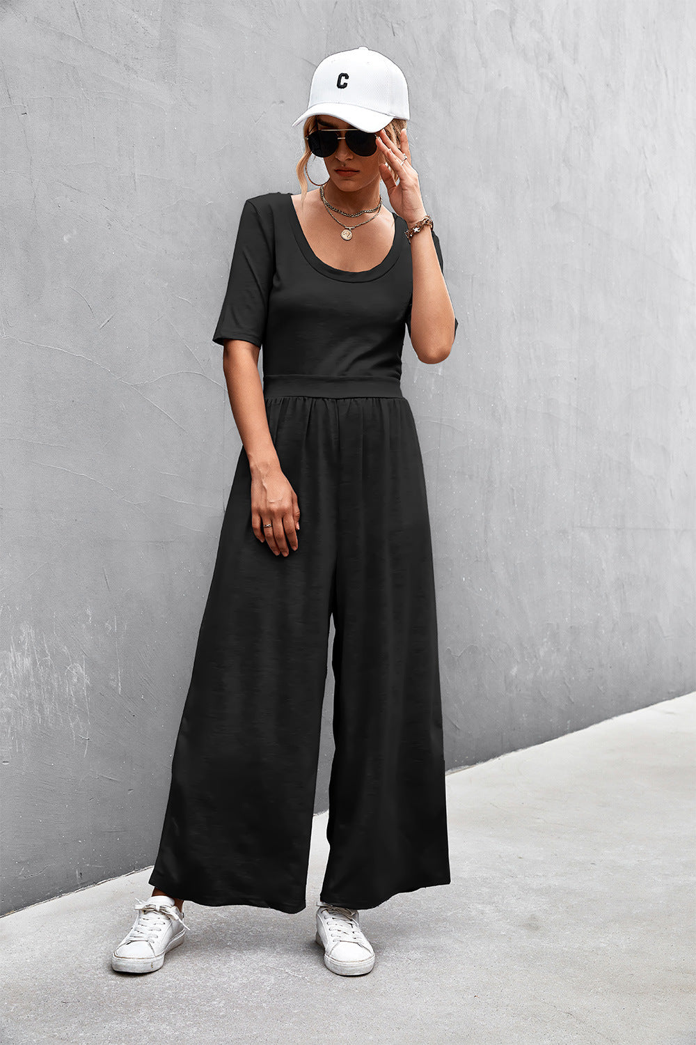 Elegant Scoop Neck Half Sleeve Wide Leg Jumpsuit - adritiX