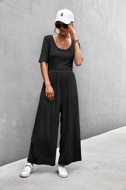 Elegant Scoop Neck Half Sleeve Wide Leg Jumpsuit - adritiX