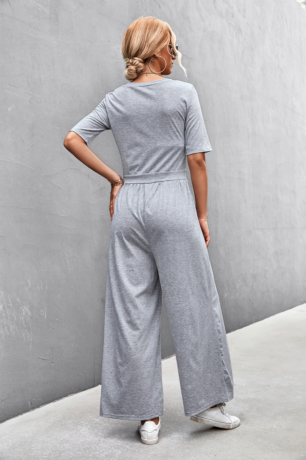 Elegant Scoop Neck Half Sleeve Wide Leg Jumpsuit - adritiX