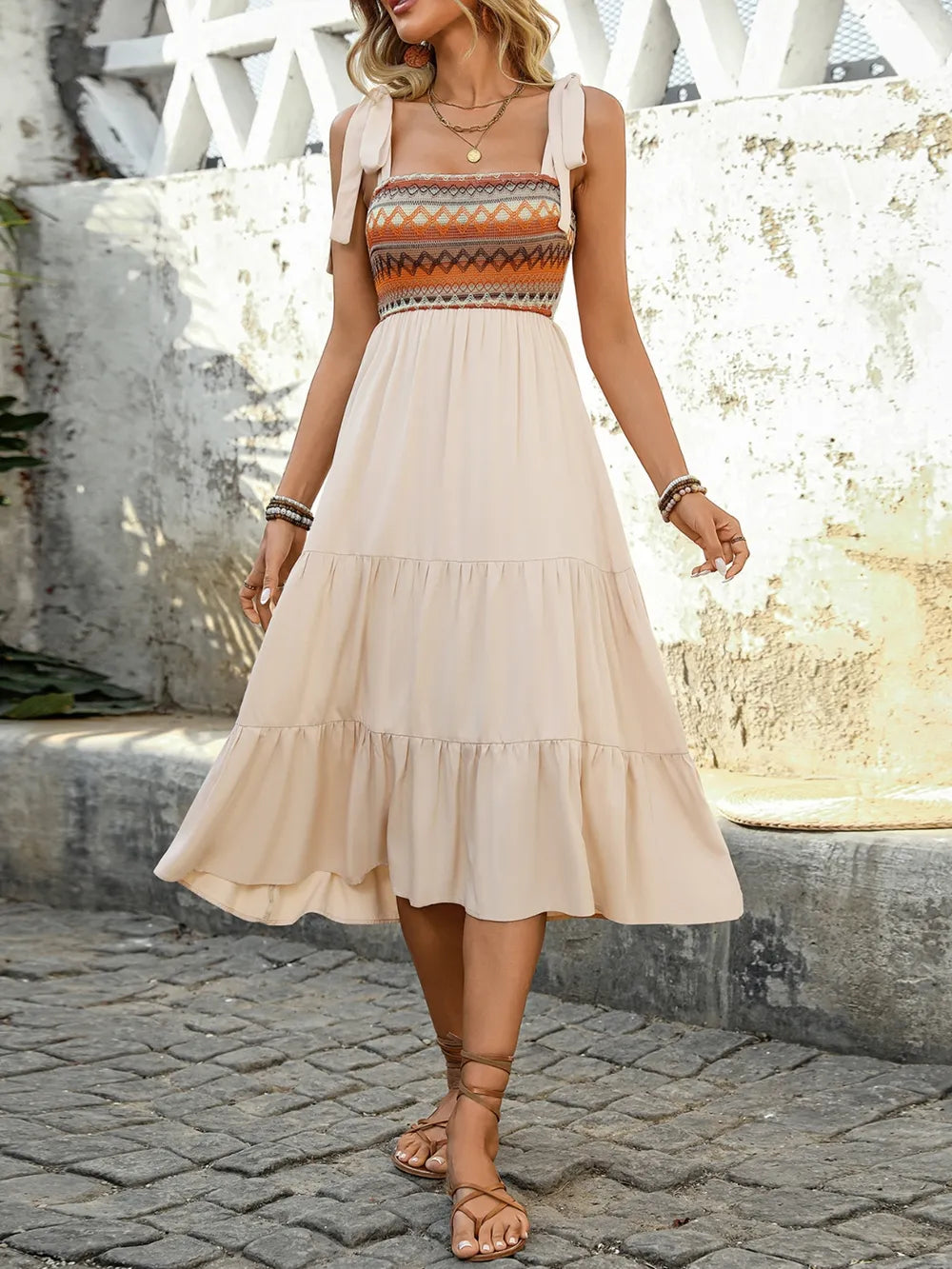 Elegant Tie Shoulder Square Neck Tiered Midi Dress - adritiX