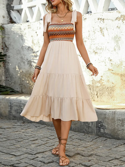 Elegant Tie Shoulder Square Neck Tiered Midi Dress - adritiX